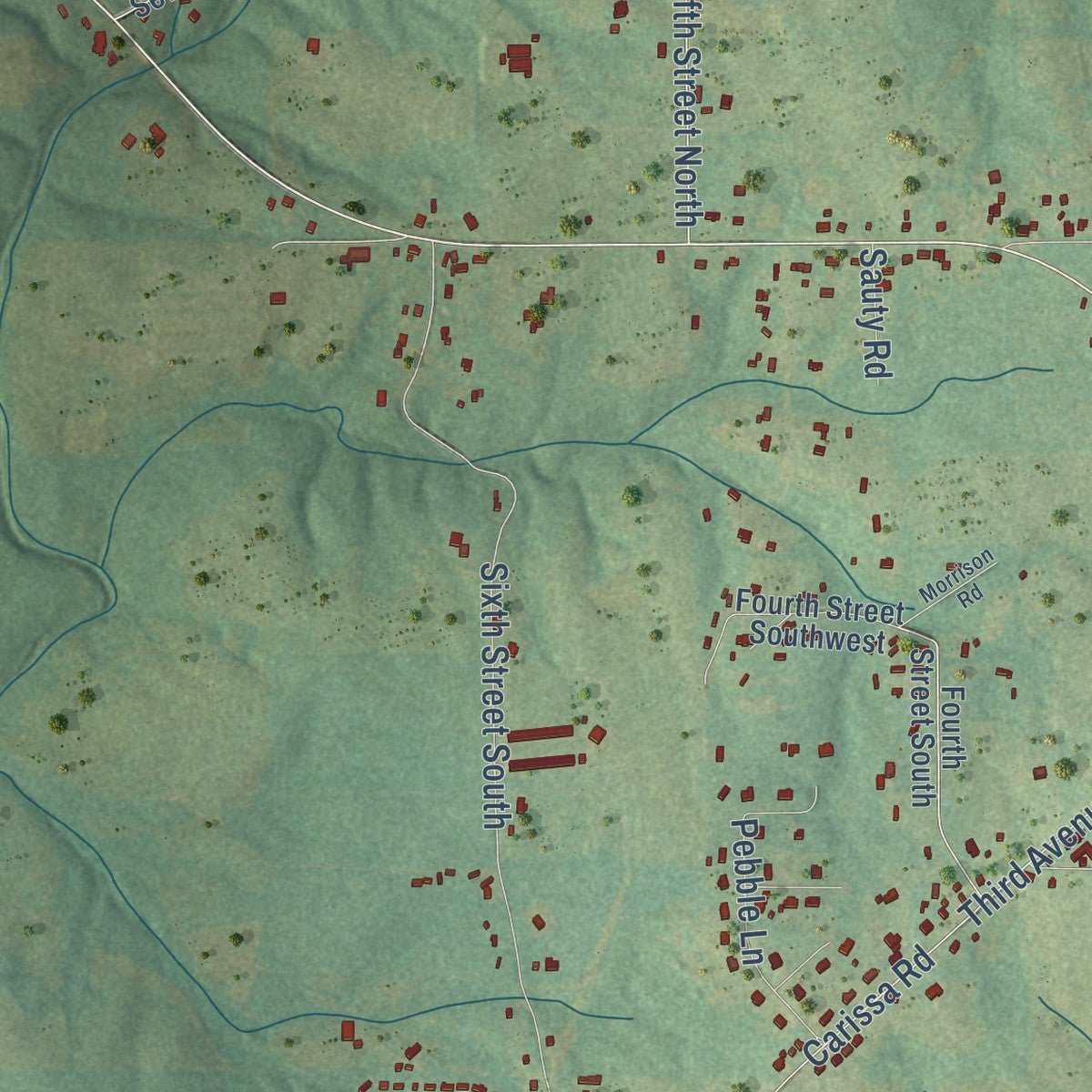 Second close-up of the map of Sylvania, Alabama print showing more streets and buildings