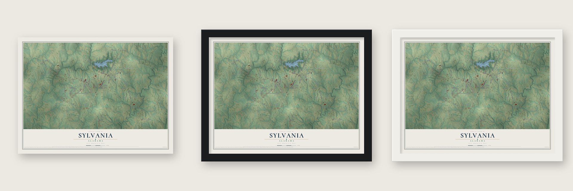 Sylvania, Alabama map unframed, in a black wood frame and in a white wood frame