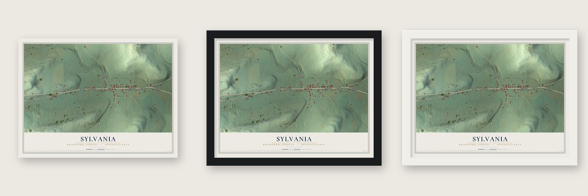 Sylvania, Bradford County, Pennsylvania map unframed, in a black wood frame and in a white wood frame