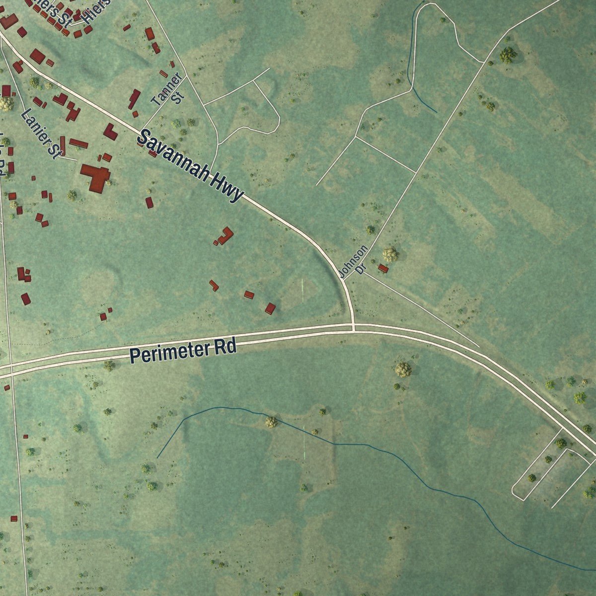 Second close-up of the map of Sylvania, Georgia print showing more streets and buildings