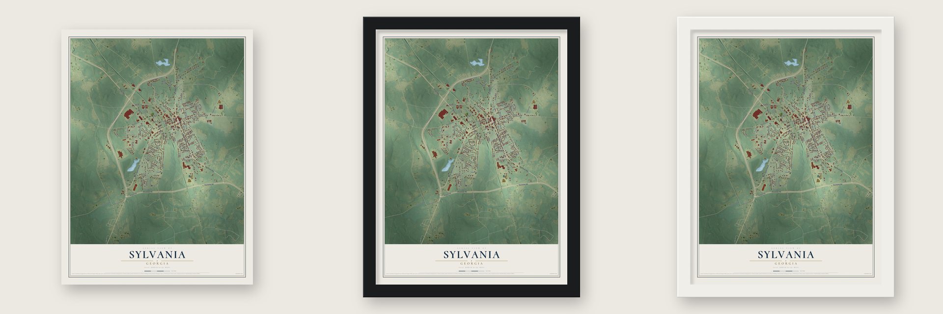 Sylvania, Georgia map unframed, in a black wood frame and in a white wood frame