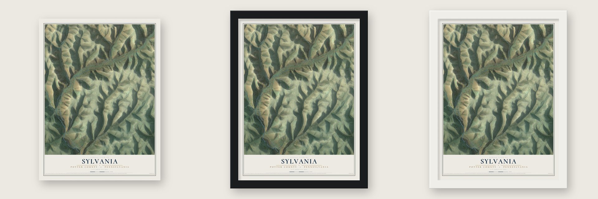 Sylvania, Potter County, Pennsylvania map unframed, in a black wood frame and in a white wood frame