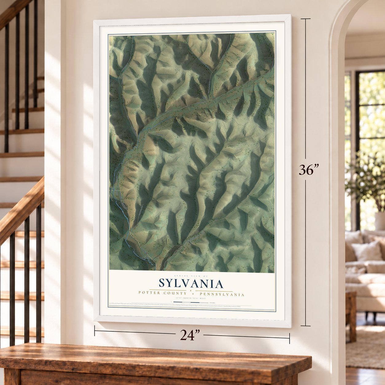 Sylvania, Potter County, Pennsylvania map, 24 x 36 inch print in a white frame by a staircase