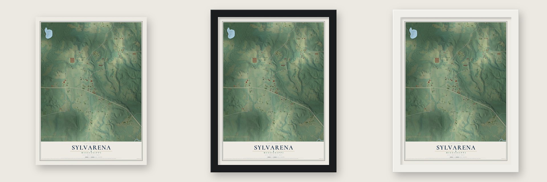 Sylvarena, Mississippi map unframed, in a black wood frame and in a white wood frame