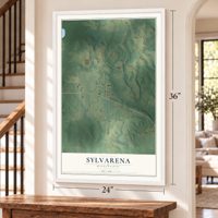 Sylvarena, Mississippi map, 24 x 36 inch print in a white frame by a staircase