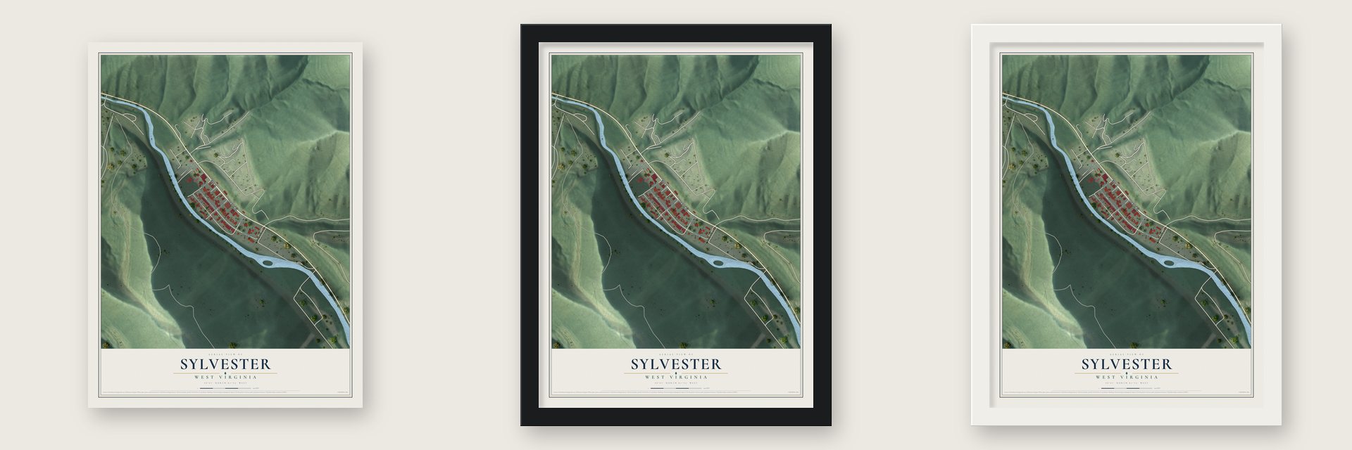 Sylvester, West Virginia map unframed, in a black wood frame and in a white wood frame