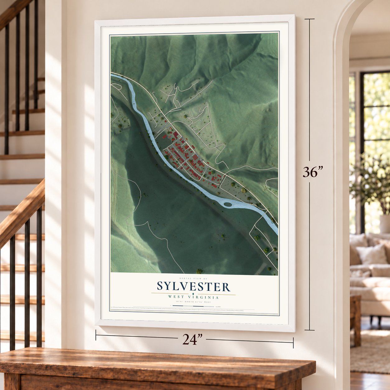 Sylvester, West Virginia map, 24 x 36 inch print in a white frame by a staircase