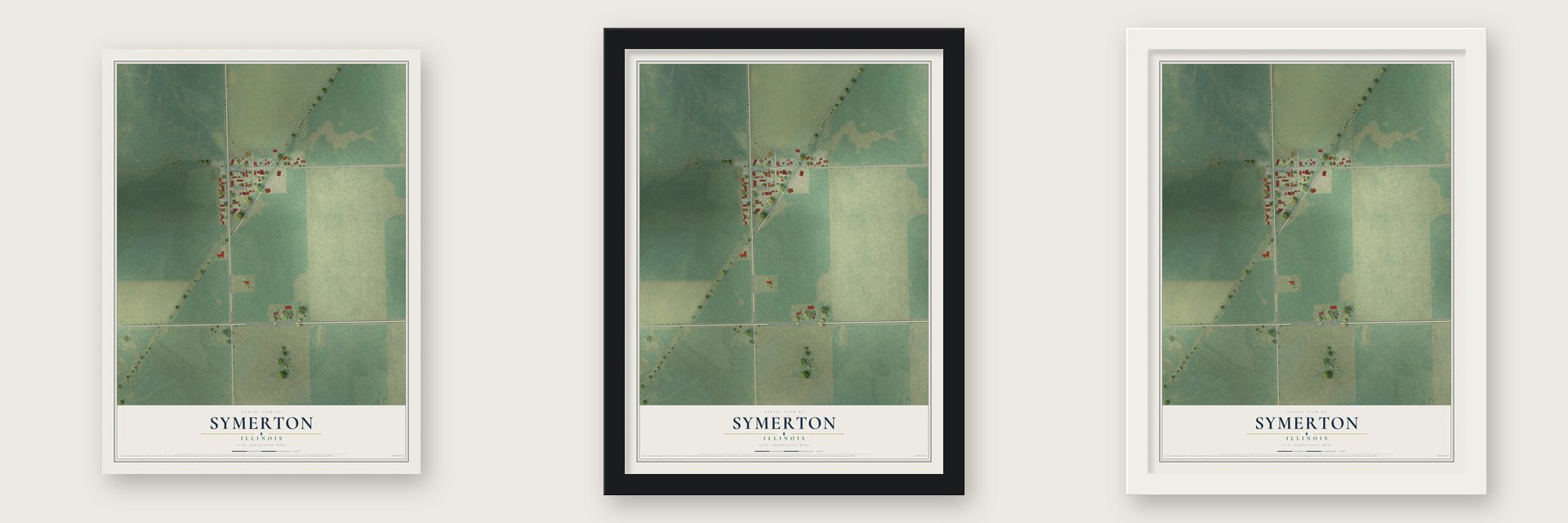 Symerton, Illinois map unframed, in a black wood frame and in a white wood frame