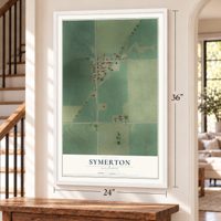 Symerton, Illinois map, 24 x 36 inch print in a white frame by a staircase