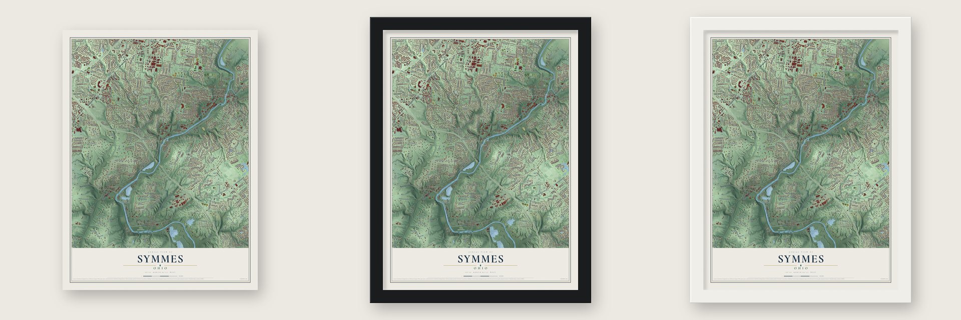 Symmes, Ohio map unframed, in a black wood frame and in a white wood frame