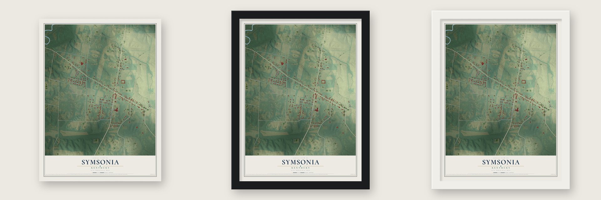 Symsonia, Kentucky map unframed, in a black wood frame and in a white wood frame