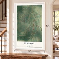 Symsonia, Kentucky map, 24 x 36 inch print in a white frame by a staircase