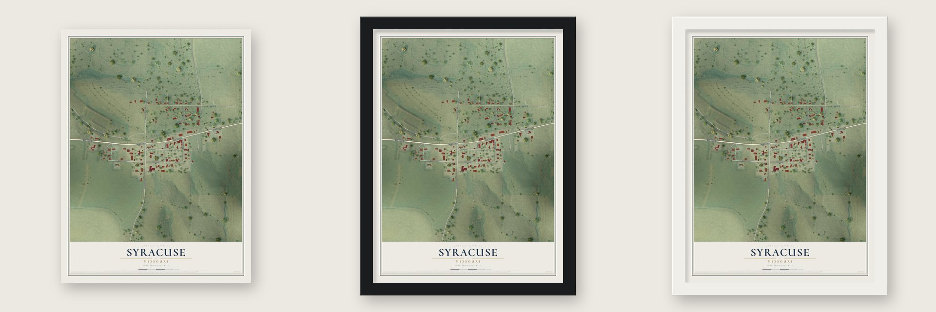 Syracuse, Missouri map unframed, in a black wood frame and in a white wood frame
