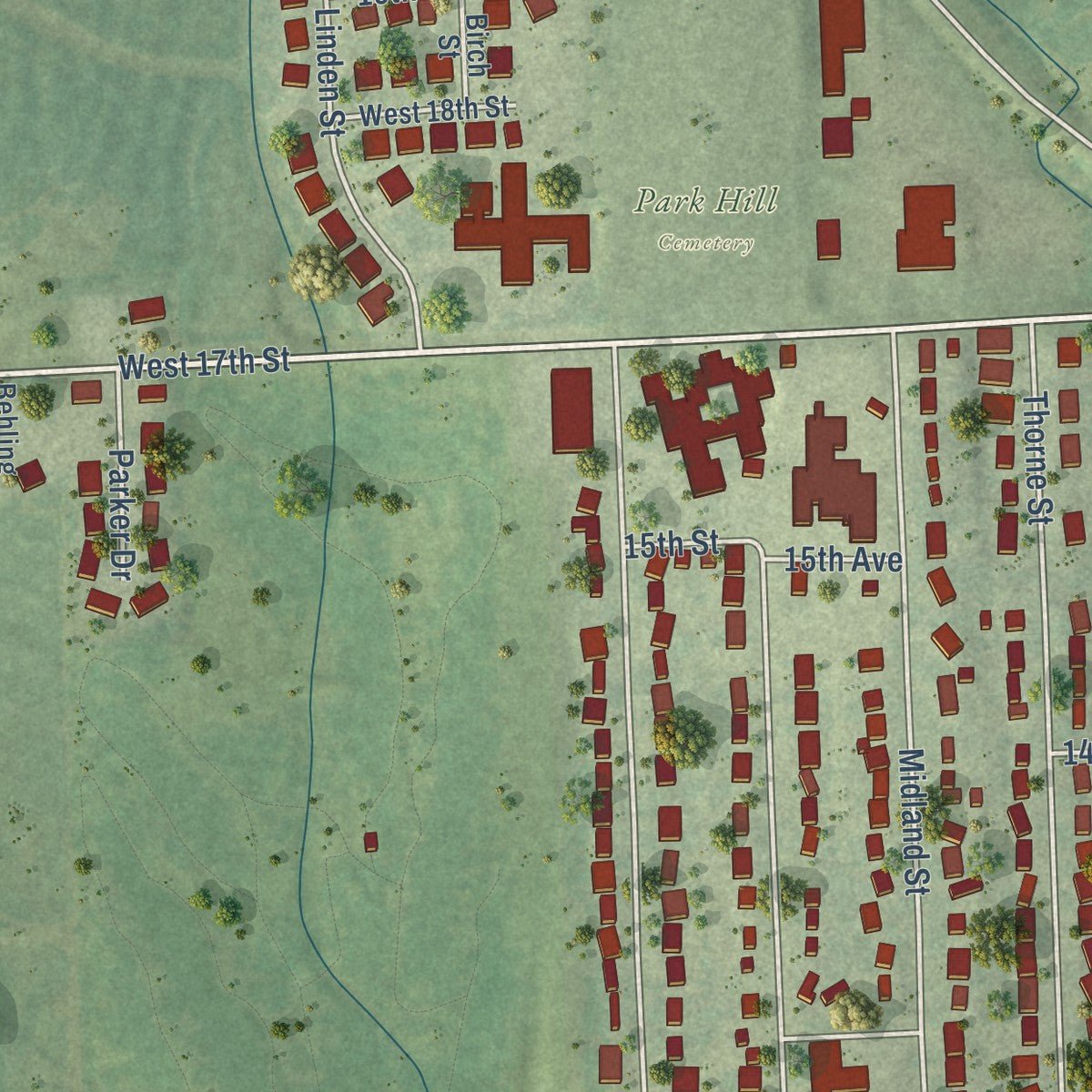 Second close-up of the map of Syracuse, Nebraska print showing more streets and buildings