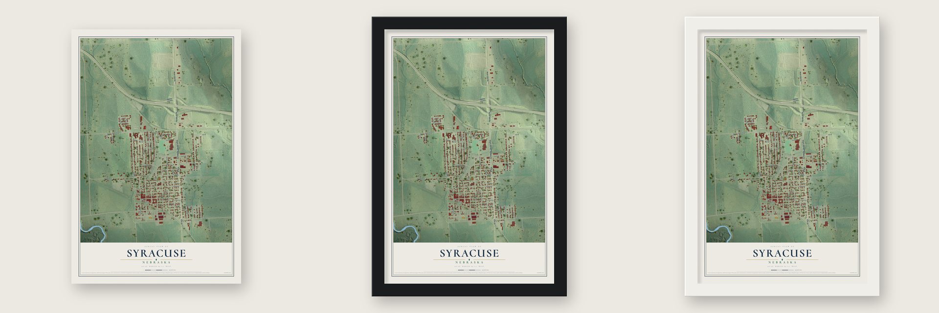 Syracuse, Nebraska map unframed, in a black wood frame and in a white wood frame