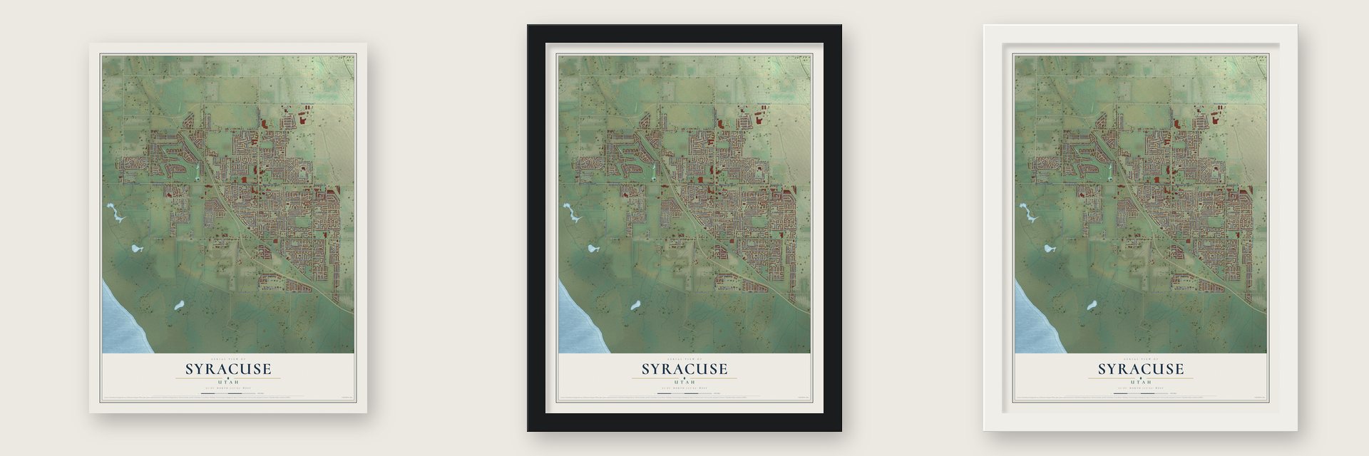 Syracuse, Utah map unframed, in a black wood frame and in a white wood frame