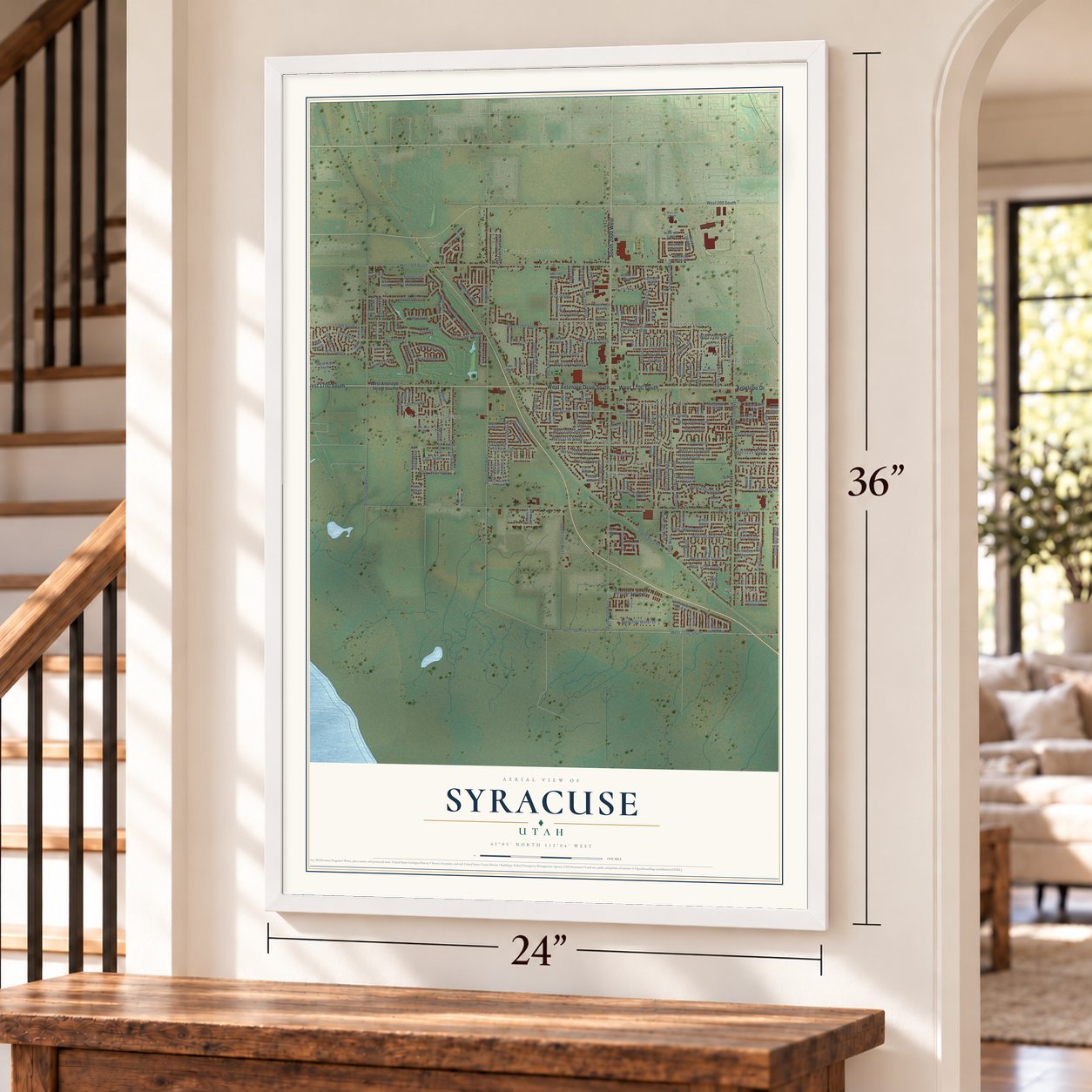 Syracuse, Utah map, 24 x 36 inch print in a white frame by a staircase