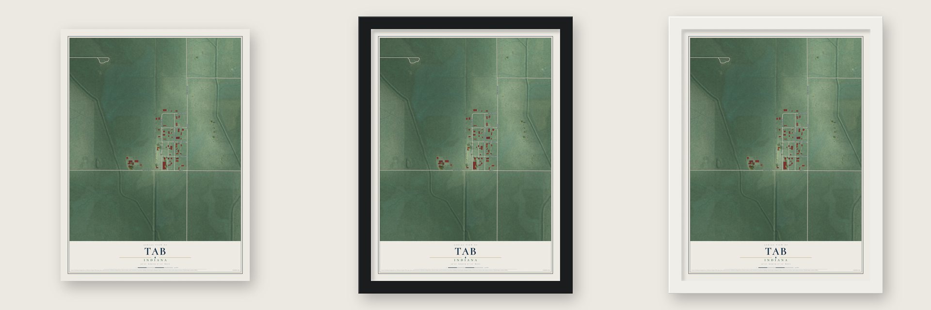 Tab, Indiana map unframed, in a black wood frame and in a white wood frame