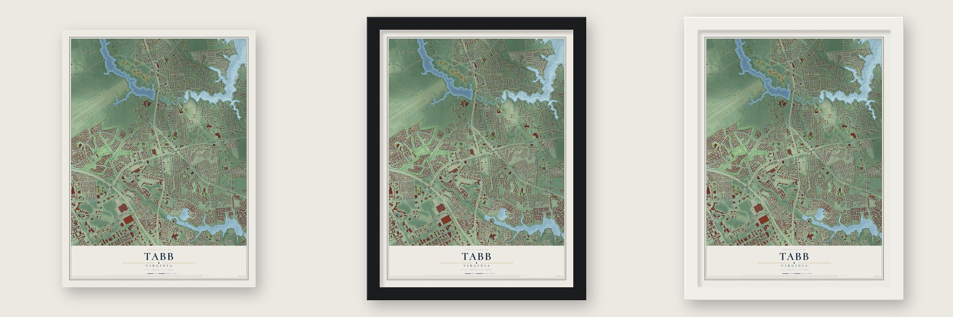 Tabb, Virginia map unframed, in a black wood frame and in a white wood frame