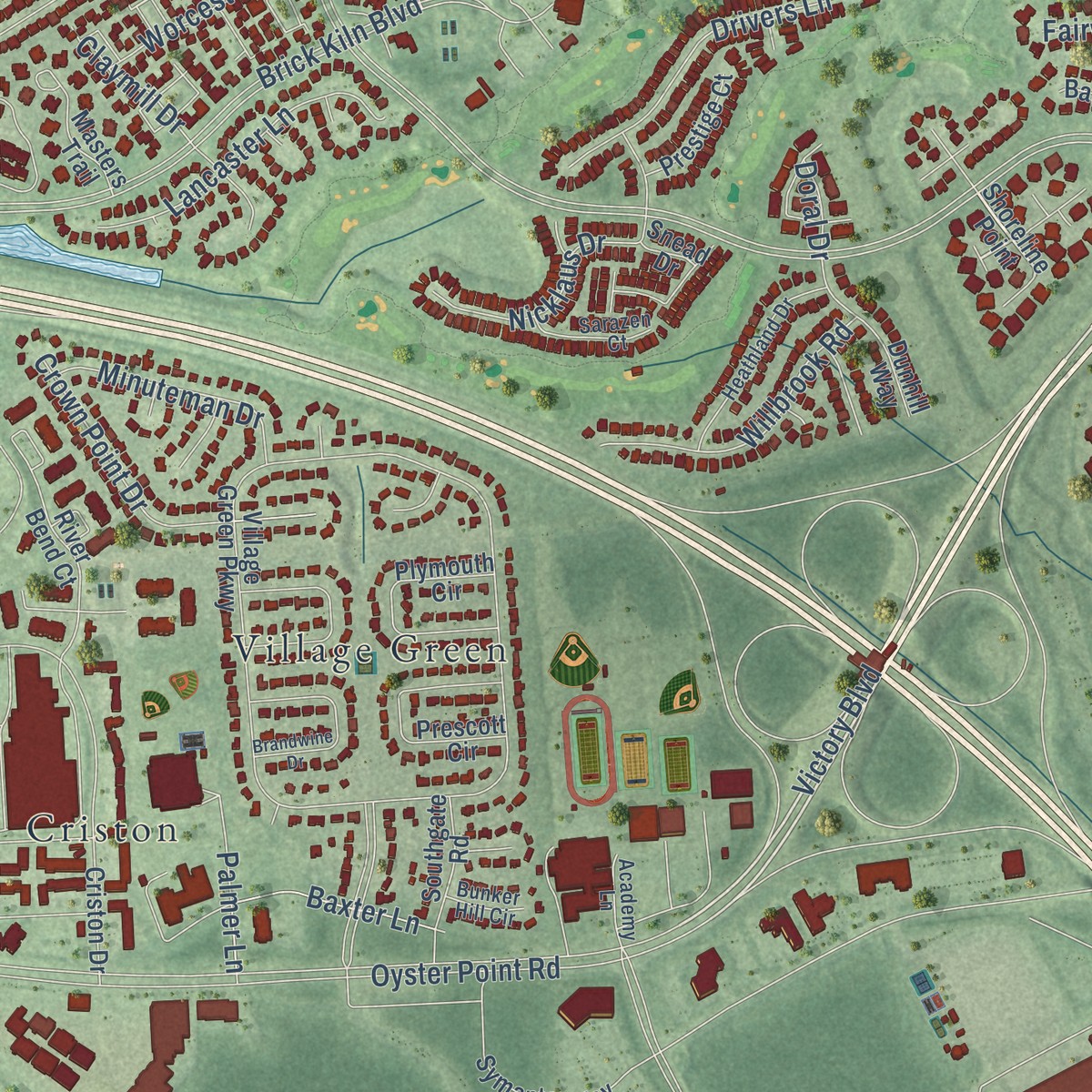 Second close-up of the map of Tabb, Virginia print showing more streets and buildings