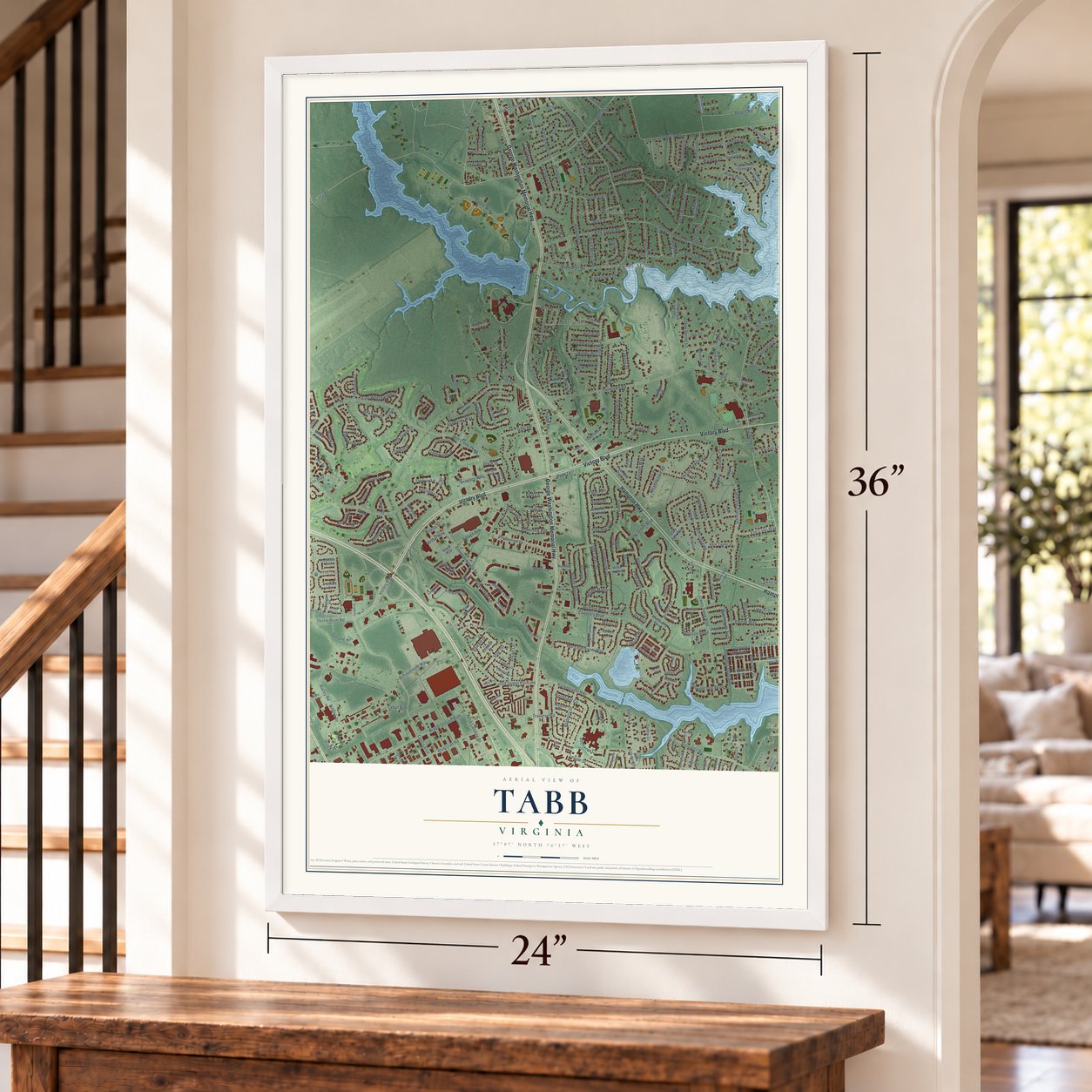Tabb, Virginia map, 24 x 36 inch print in a white frame by a staircase