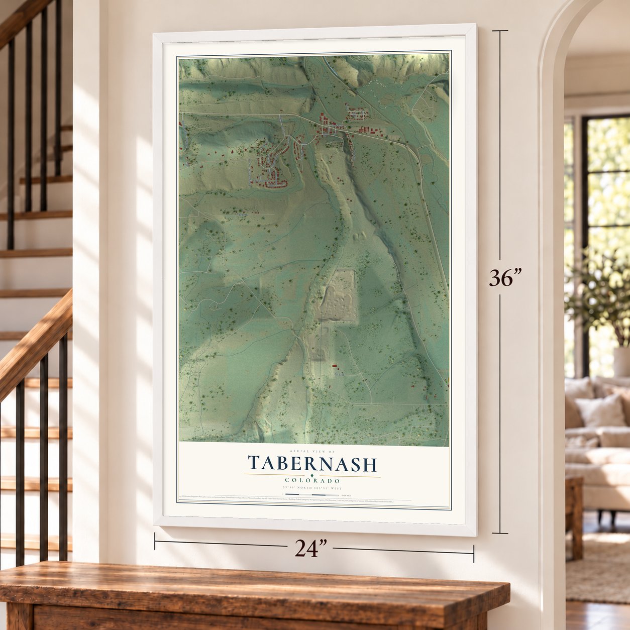 Tabernash, Colorado map, 24 x 36 inch print in a white frame by a staircase