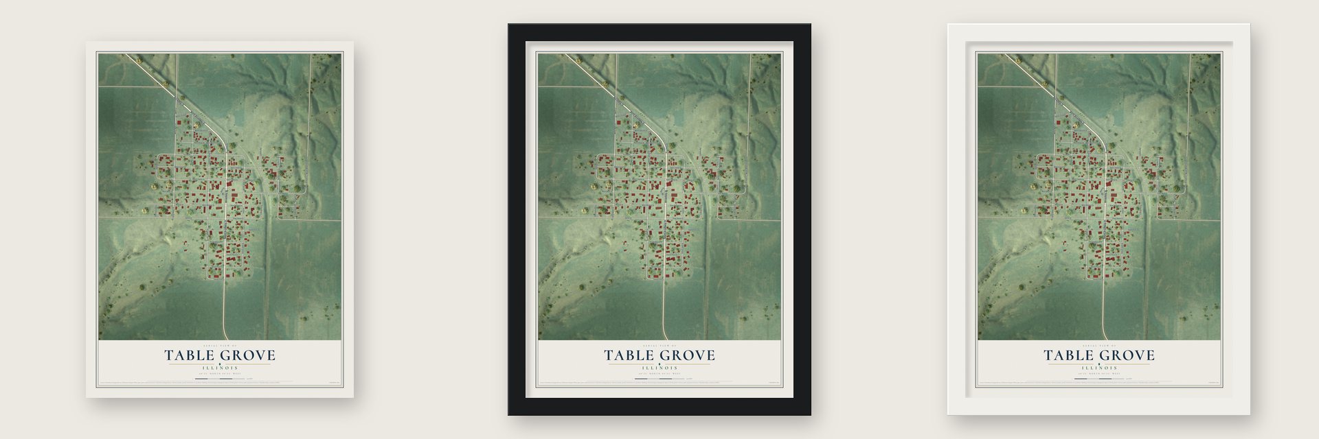 Table Grove, Illinois map unframed, in a black wood frame and in a white wood frame