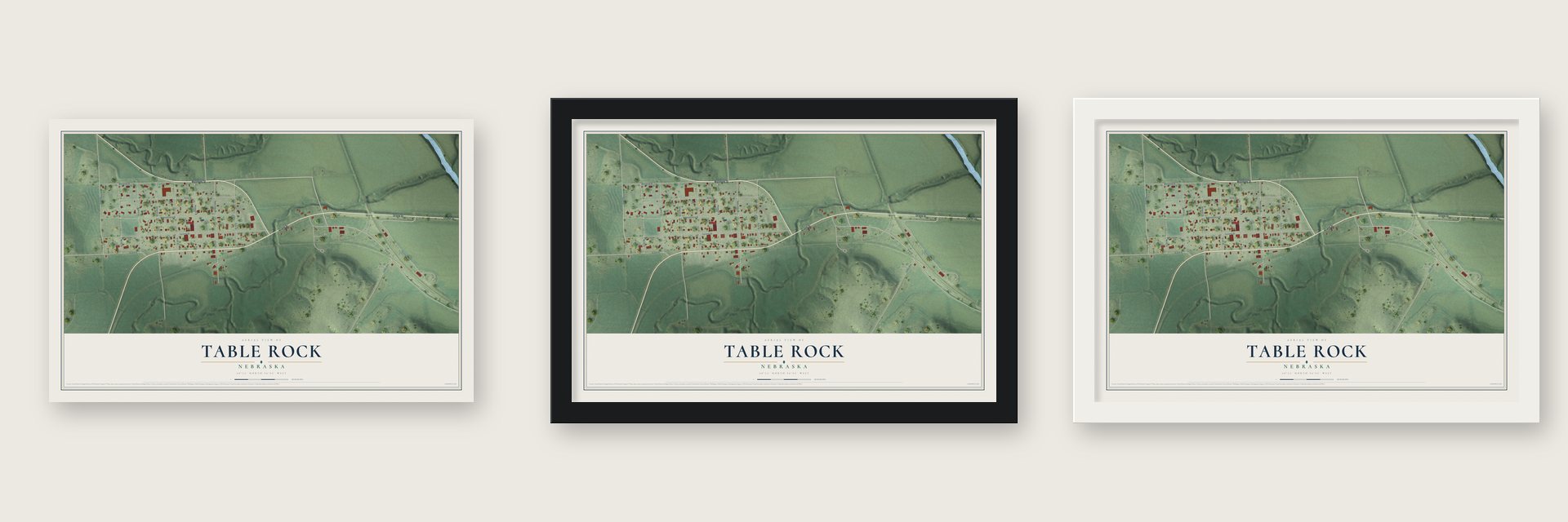 Table Rock, Nebraska map unframed, in a black wood frame and in a white wood frame