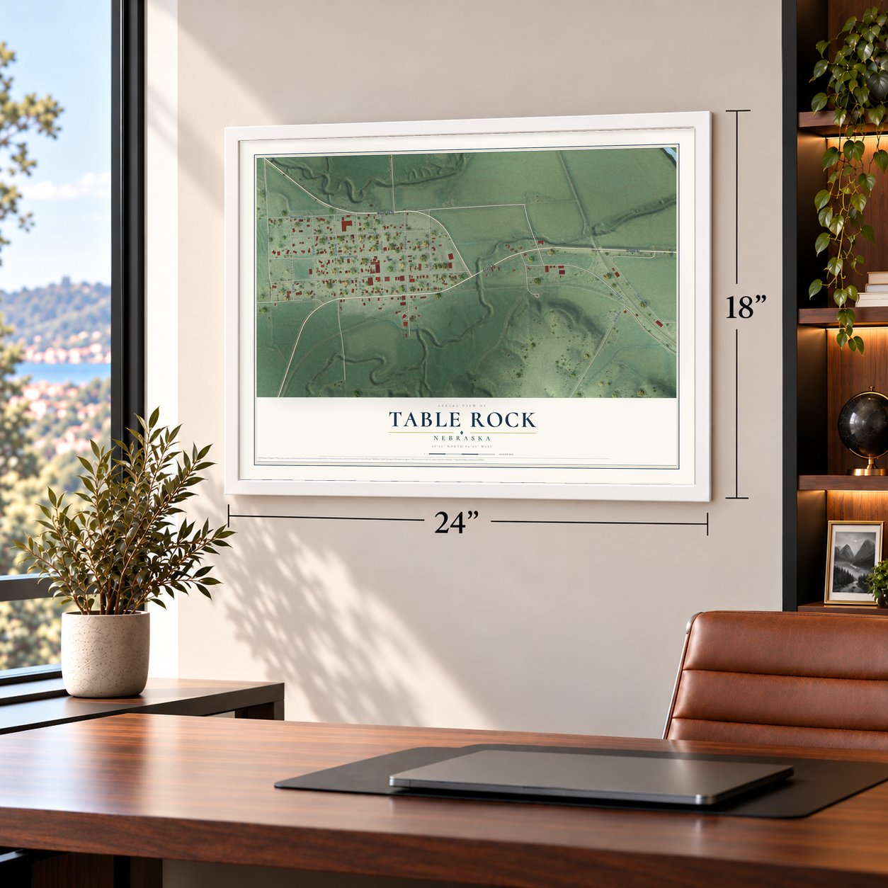 Table Rock, Nebraska map, 18 x 24 inch print in a white frame in a home office