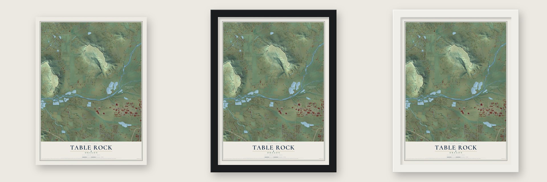 Table Rock, Oregon map unframed, in a black wood frame and in a white wood frame