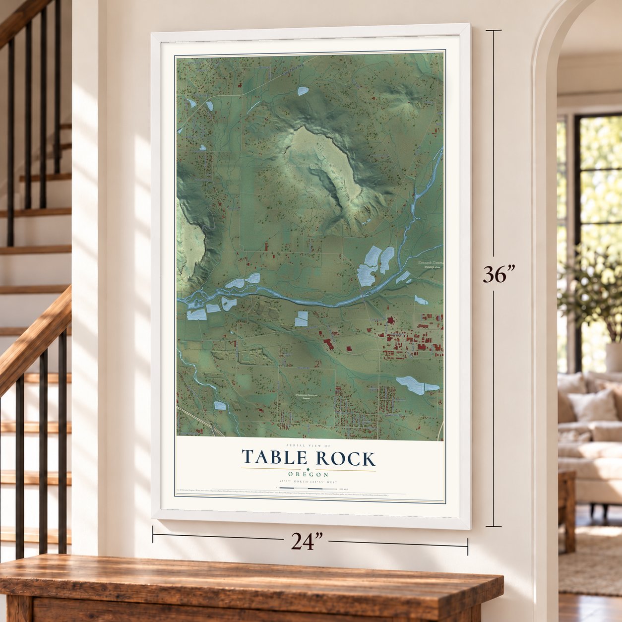 Table Rock, Oregon map, 24 x 36 inch print in a white frame by a staircase