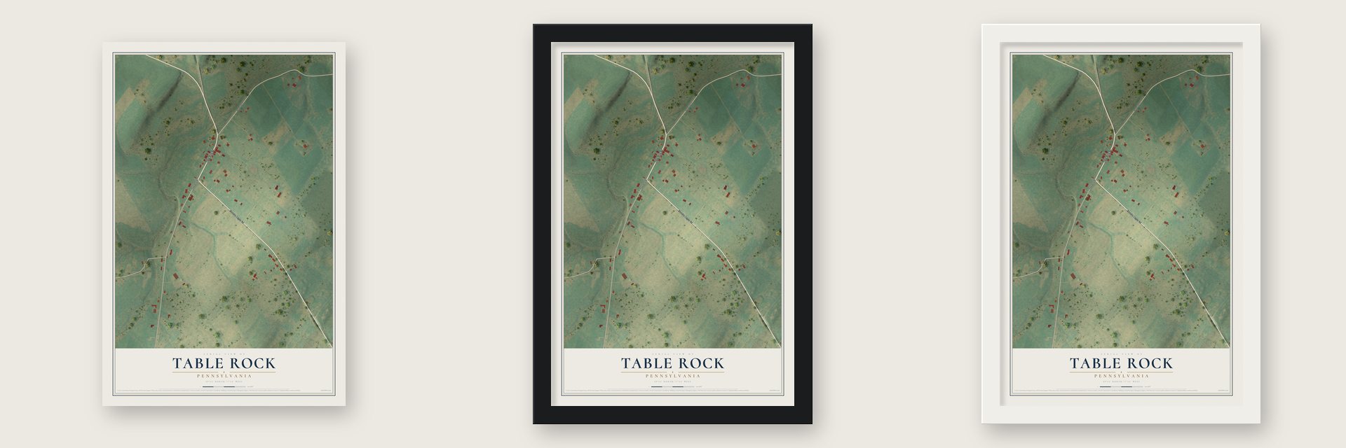 Table Rock, Pennsylvania map unframed, in a black wood frame and in a white wood frame