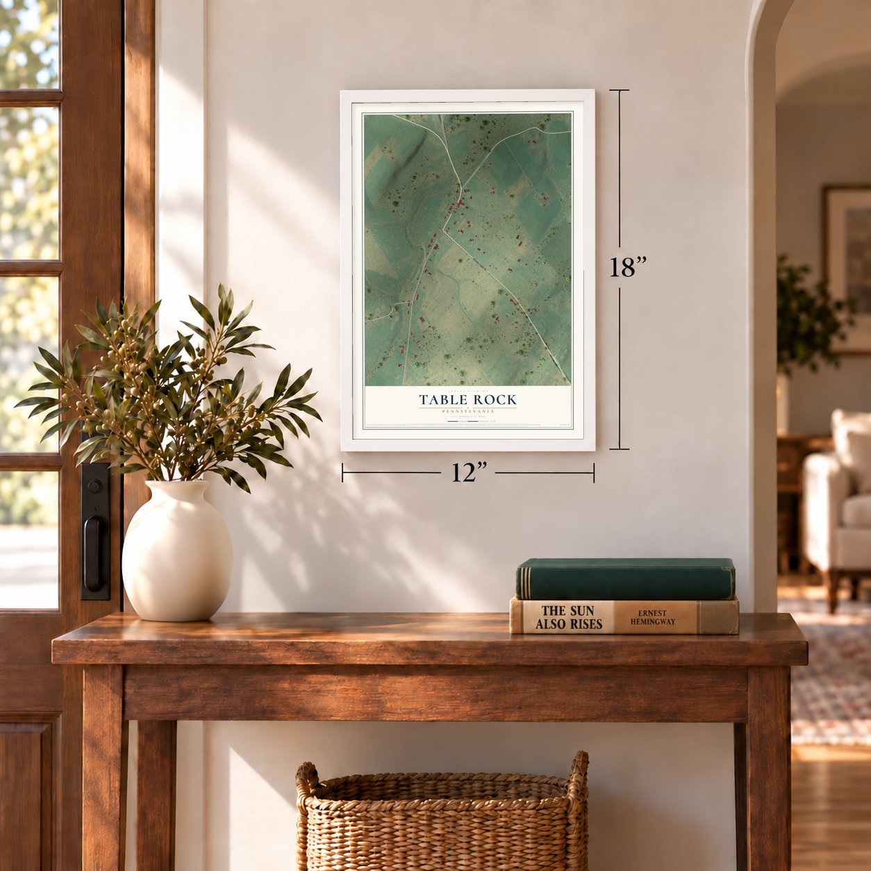 Table Rock, Pennsylvania map, 12 x 18 inch print in a white frame in an entryway