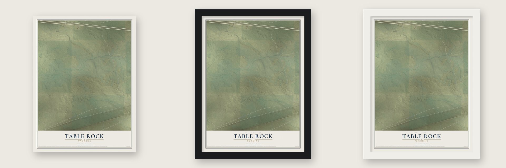 Table Rock, Wyoming map unframed, in a black wood frame and in a white wood frame