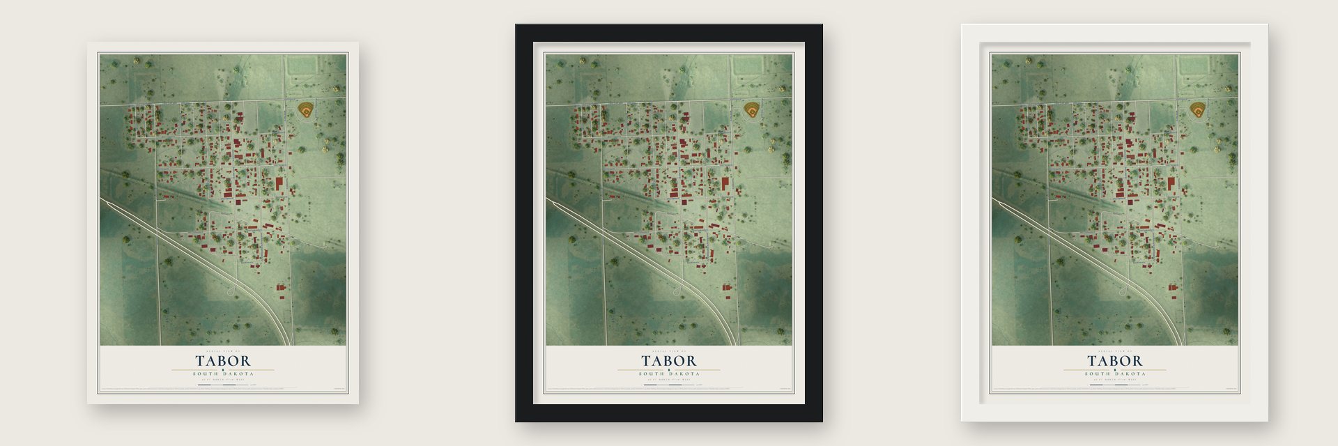 Tabor, South Dakota map unframed, in a black wood frame and in a white wood frame