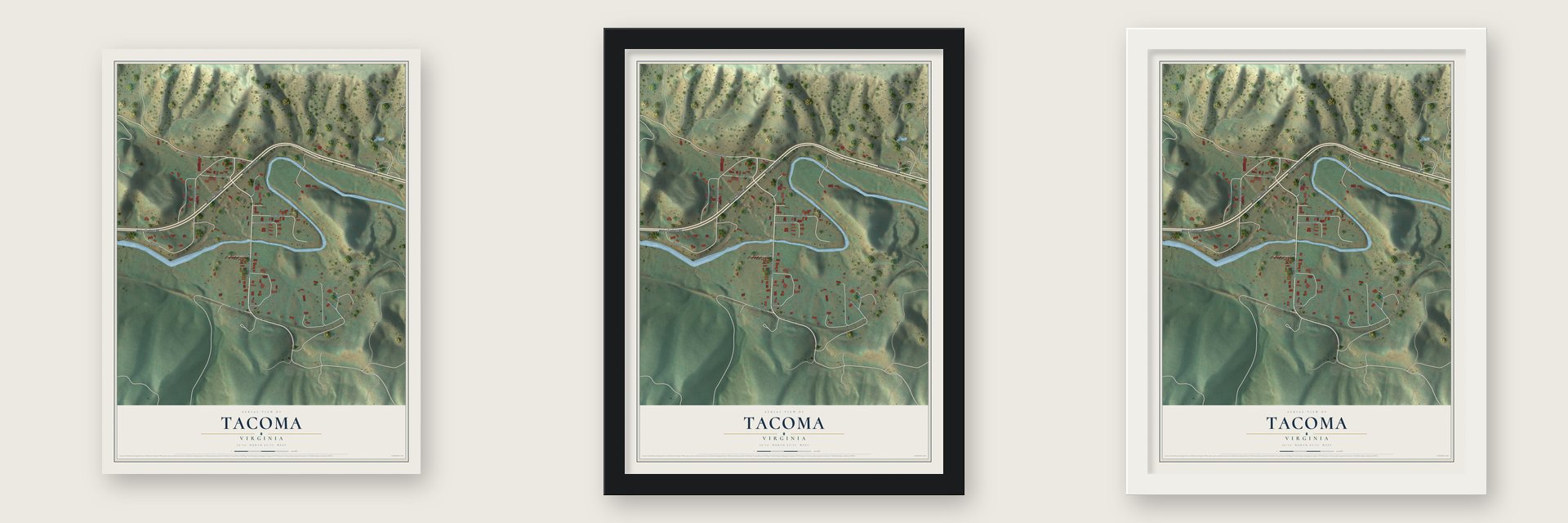 Tacoma, Virginia map unframed, in a black wood frame and in a white wood frame