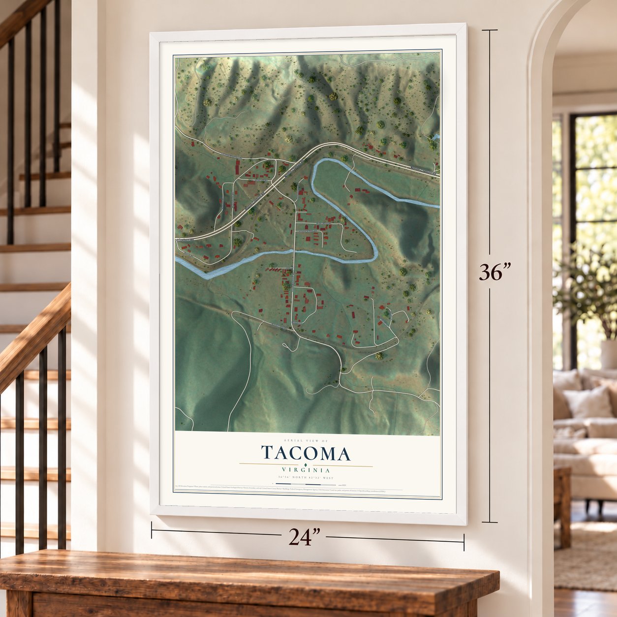 Tacoma, Virginia map, 24 x 36 inch print in a white frame by a staircase