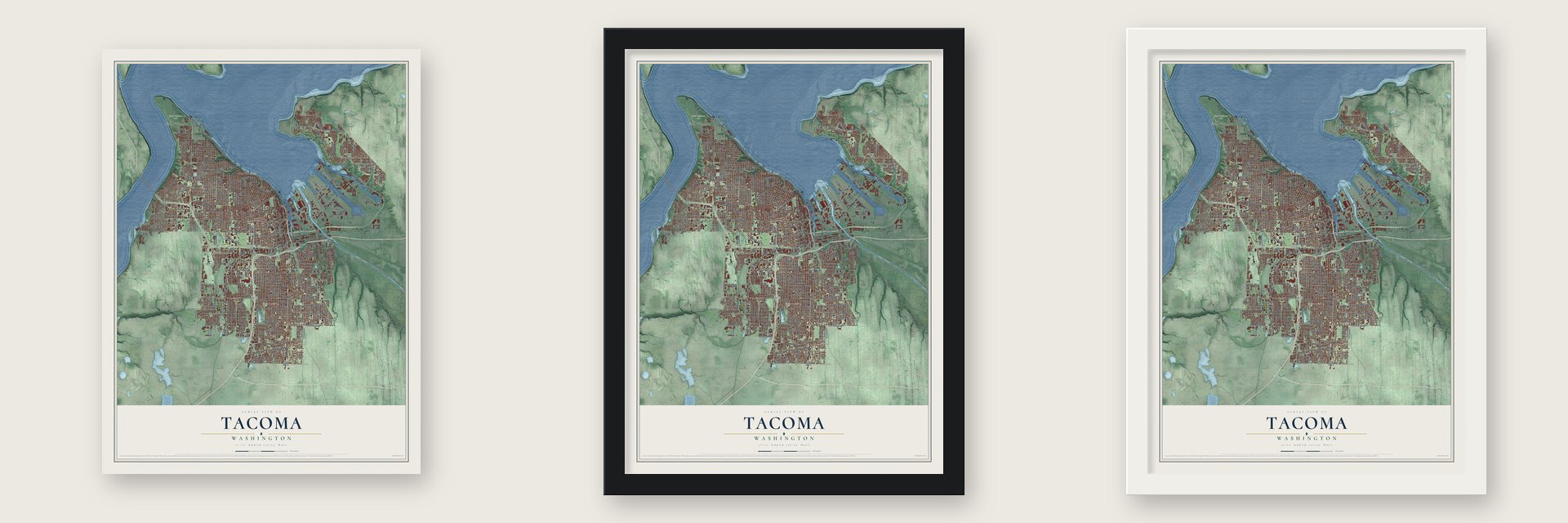 Tacoma, Washington map unframed, in a black wood frame and in a white wood frame