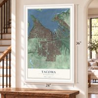 Tacoma, Washington map, 24 x 36 inch print in a white frame by a staircase