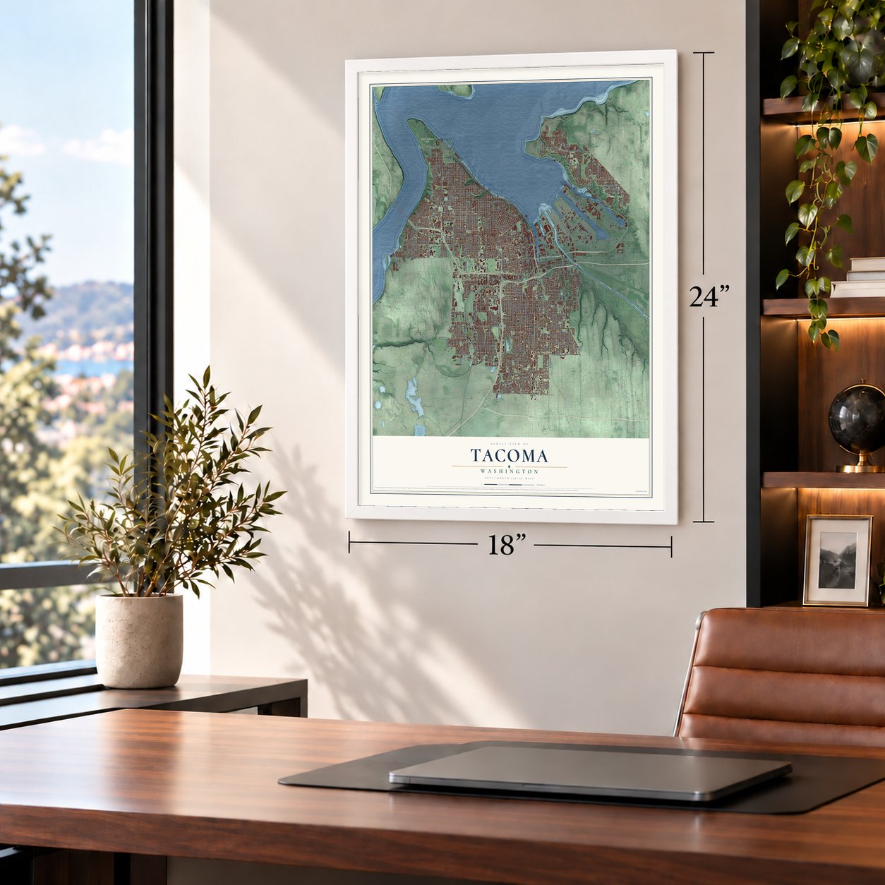 Tacoma, Washington map, 18 x 24 inch print in a white frame in a home office