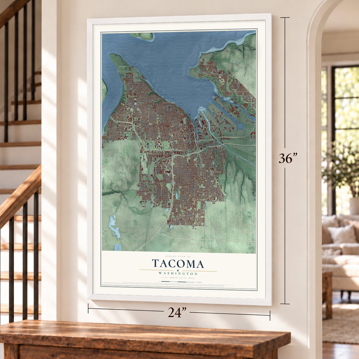 Tacoma, Washington map, 24 x 36 inch print in a white frame by a staircase