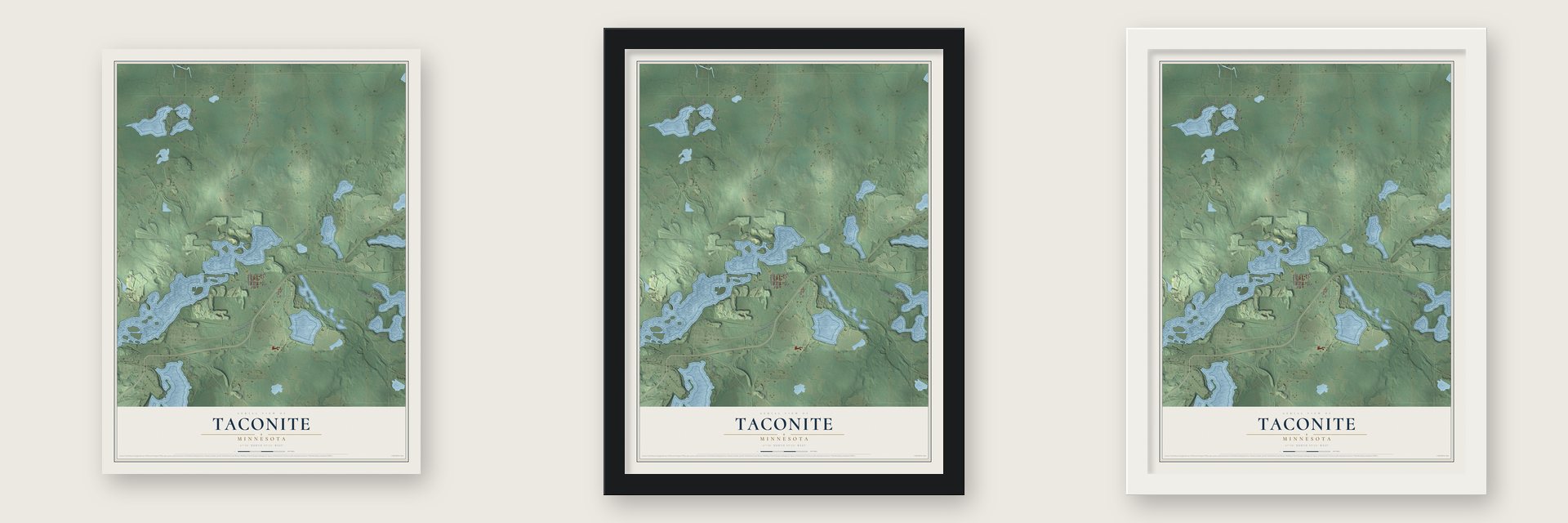Taconite, Minnesota map unframed, in a black wood frame and in a white wood frame