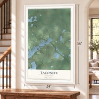 Taconite, Minnesota map, 24 x 36 inch print in a white frame by a staircase
