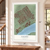 Tacony, Pennsylvania map, 24 x 36 inch print in a white frame by a staircase