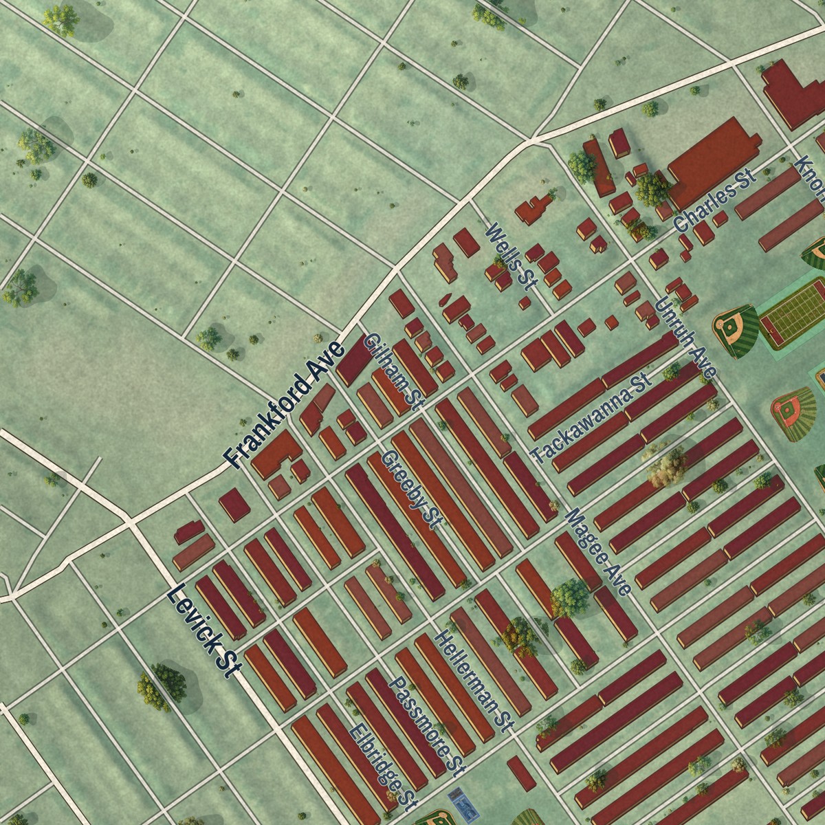 Second close-up of the map of Tacony, Pennsylvania print showing more streets and buildings