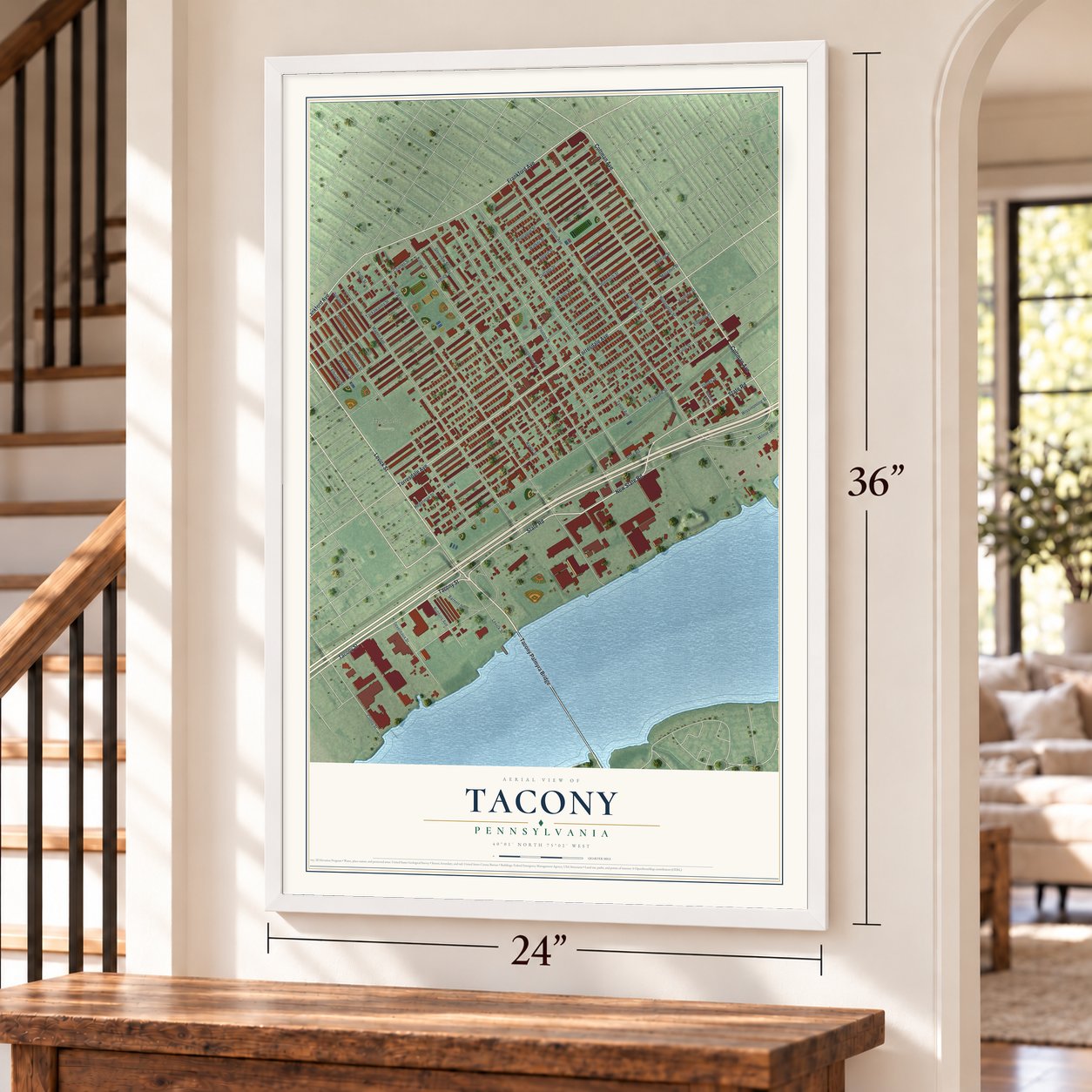 Tacony, Pennsylvania map, 24 x 36 inch print in a white frame by a staircase