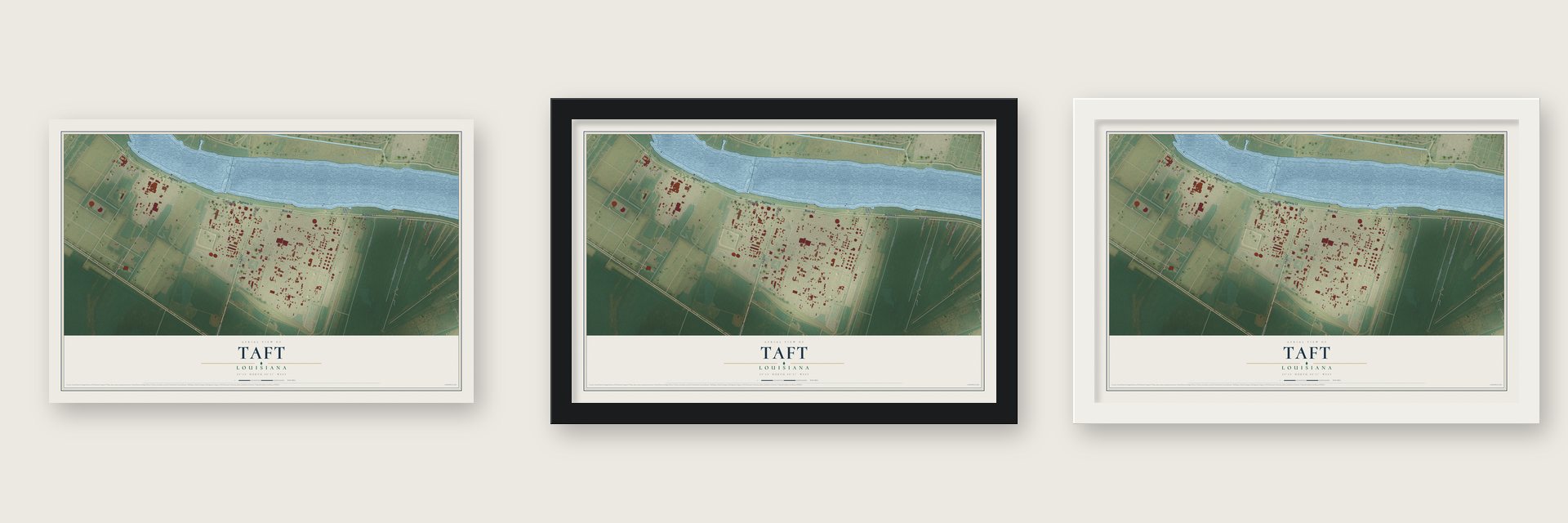 Taft, Louisiana map unframed, in a black wood frame and in a white wood frame
