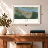 Taft, Louisiana map, 12 x 18 inch print in a white frame in an entryway