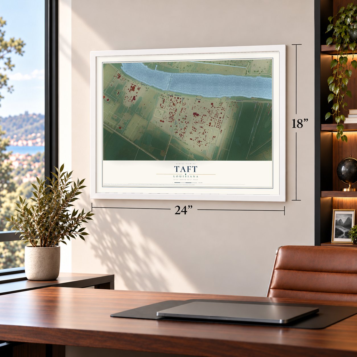 Taft, Louisiana map, 18 x 24 inch print in a white frame in a home office