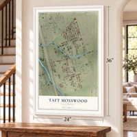 Taft Mosswood, California map, 24 x 36 inch print in a white frame by a staircase